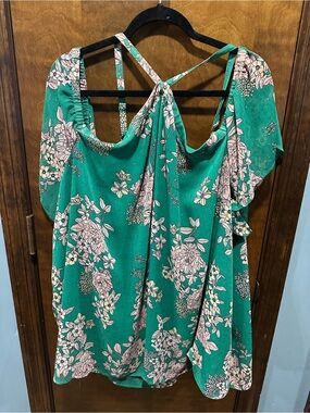 Torrid Green Floral Cold Shoulder Top Strap Back Chiffon Size 5 4X 5X